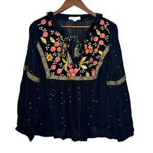 Lovestitch Boho Embroidered Blouse Black Floral Whimsy Fairy Maximalist Top